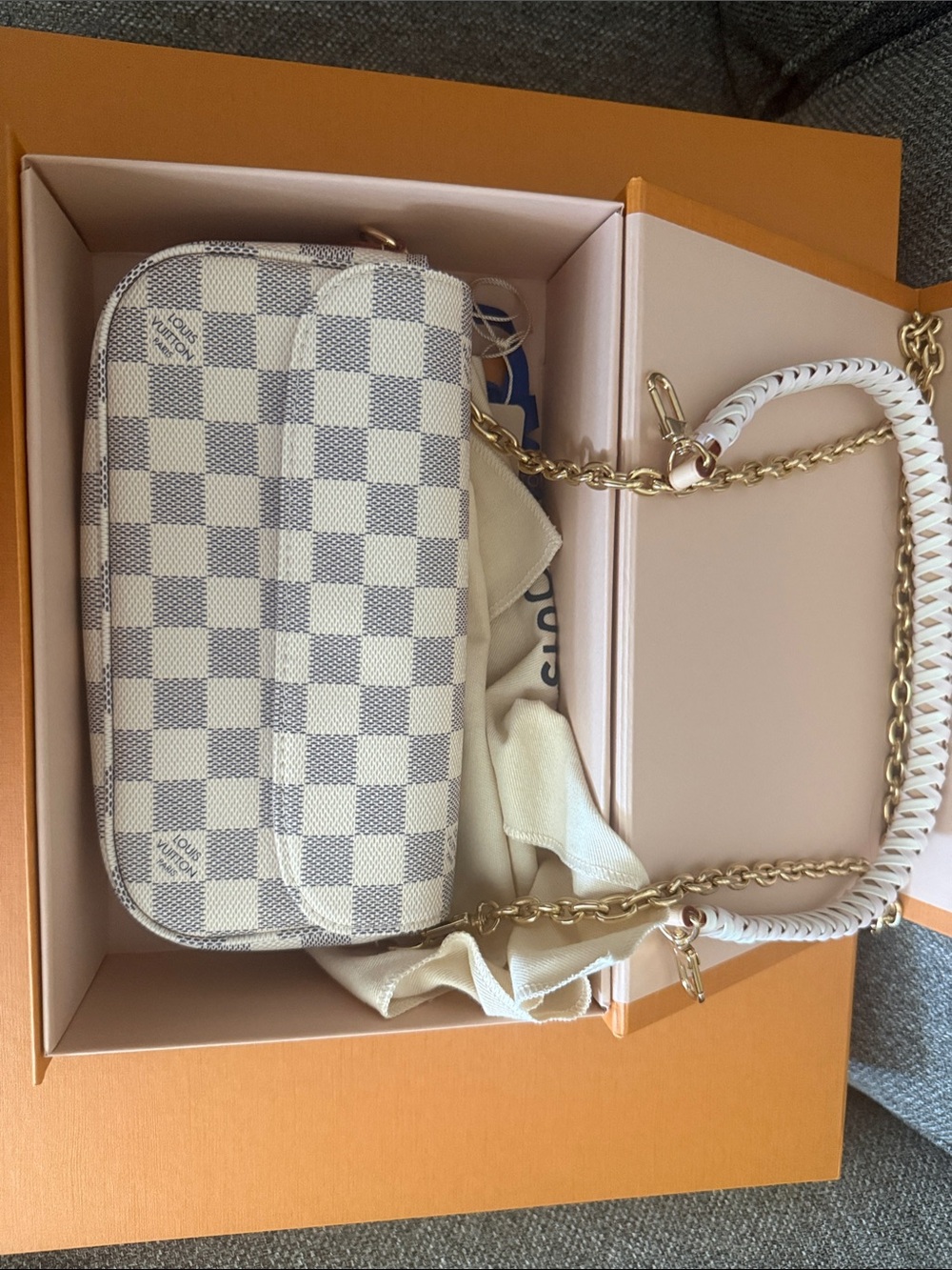 Designer Checkered Crossbody Bag in Ivory and Gray- Louis Vuitton- like new.